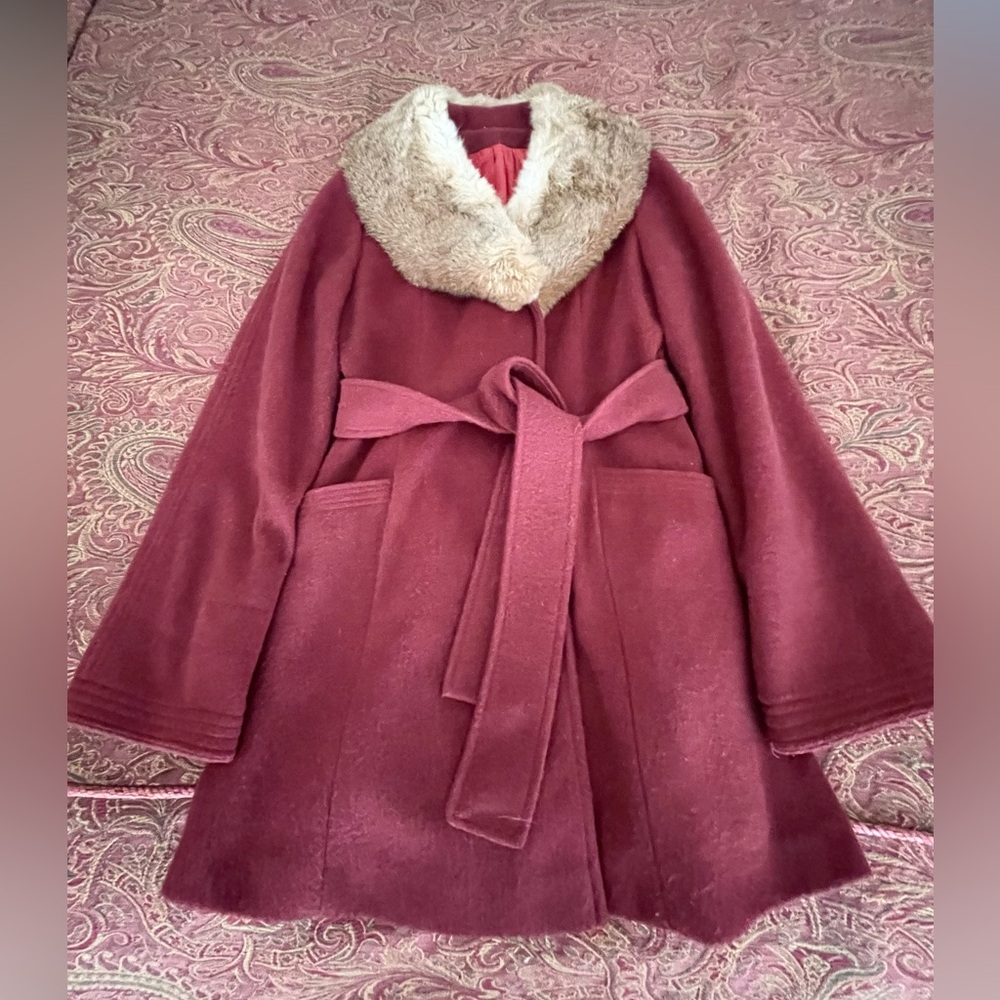 Vintage Deep Rust Wool Coat with Fur Collar